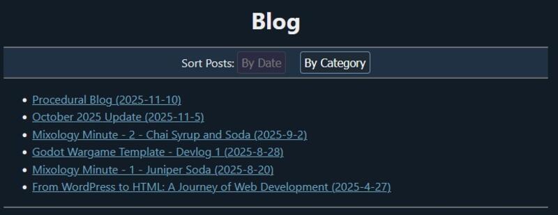 Screenshot of the old blog page sorted by date.
