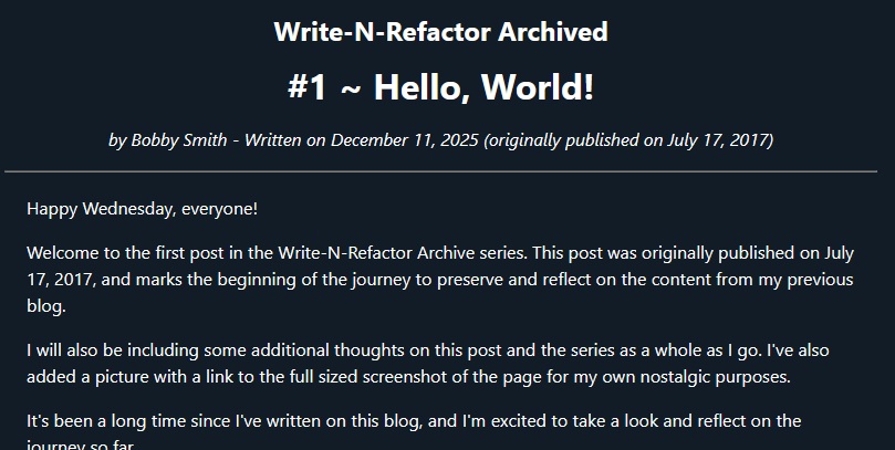 Screenshot of the first Write-n-Refactor Archived blog post. Taken on January 13, 2026.